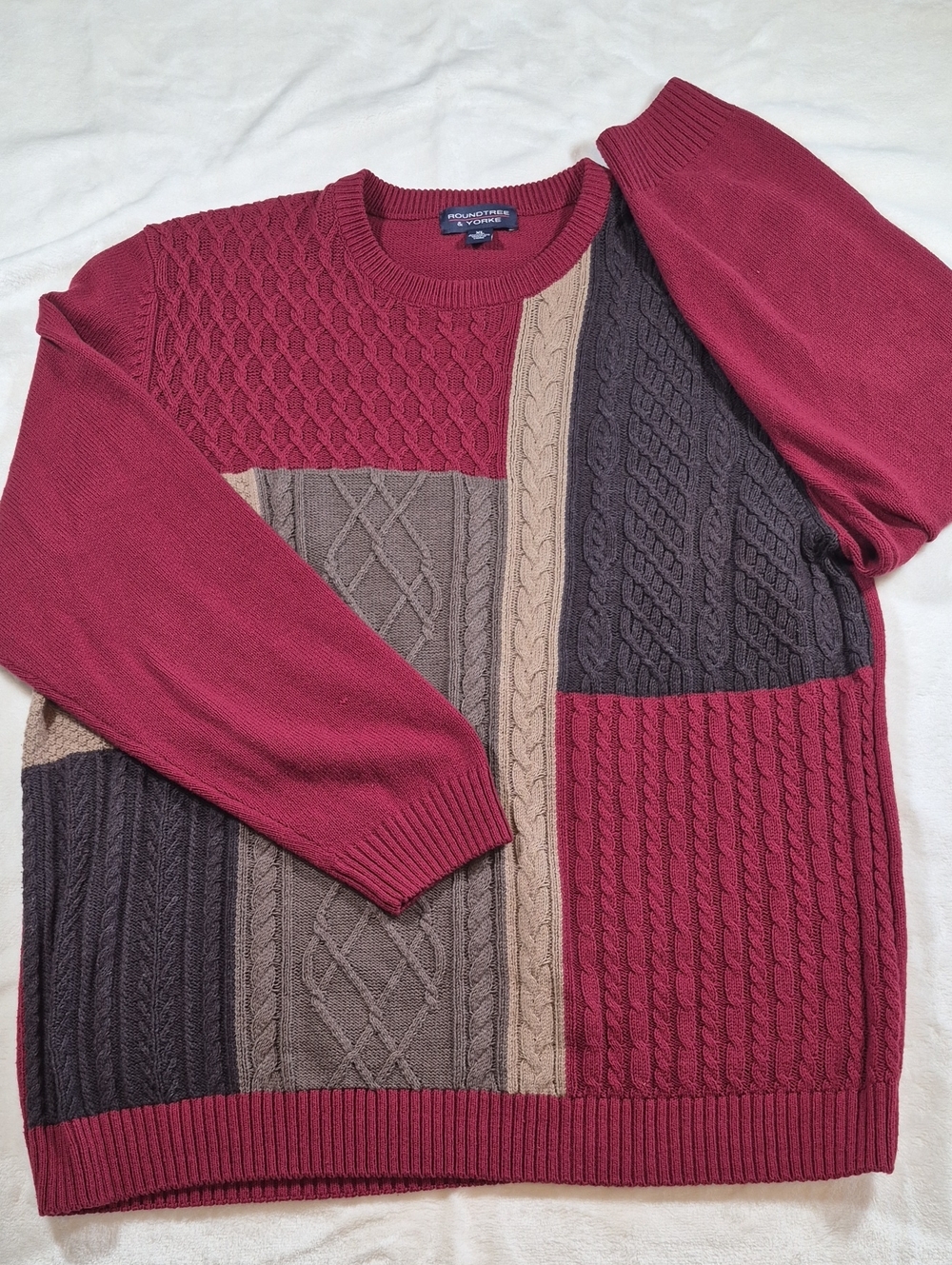 Roundtree & Yorke Patchwork Cable Crewneck Sweater - Burgundy, Brown, Tan